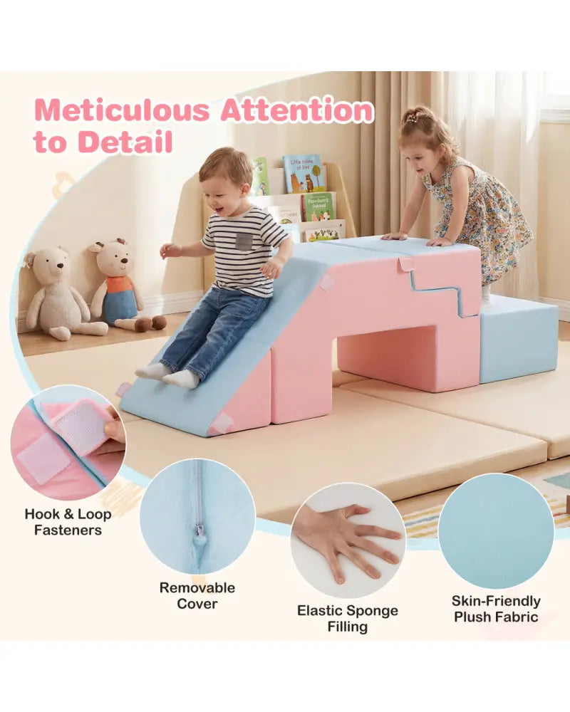 4-in-1 Foam Climbing Blocks Toddler Indoor Climb with Slide-Pink - Pink - Climbers & Slides