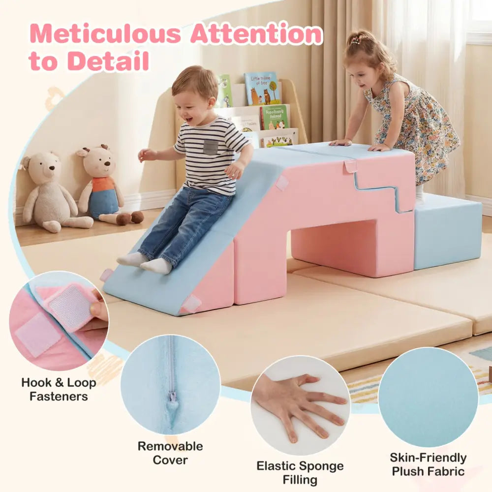 4-in-1 Foam Climbing Blocks Toddler Indoor Climb with Slide-Pink - Pink - Climbers & Slides