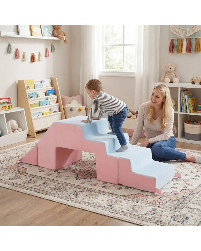 4-in-1 Foam Climbing Blocks Toddler Indoor Climb with Slide-Pink - Pink - Climbers & Slides
