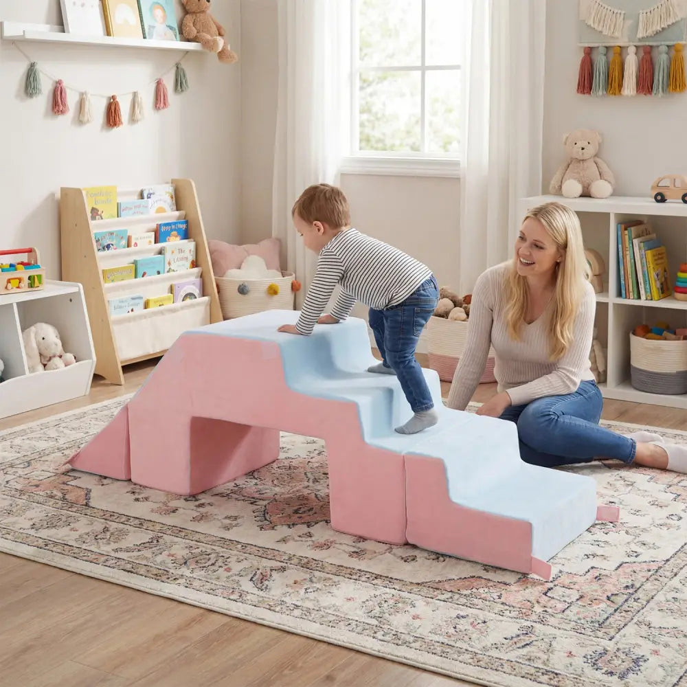 4-in-1 Foam Climbing Blocks Toddler Indoor Climb with Slide-Pink - Pink - Climbers & Slides