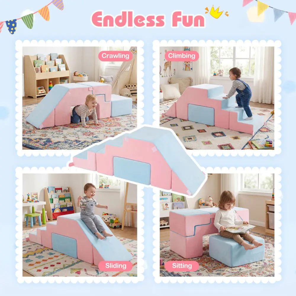 4-in-1 Foam Climbing Blocks Toddler Indoor Climb with Slide-Pink - Pink - Climbers & Slides