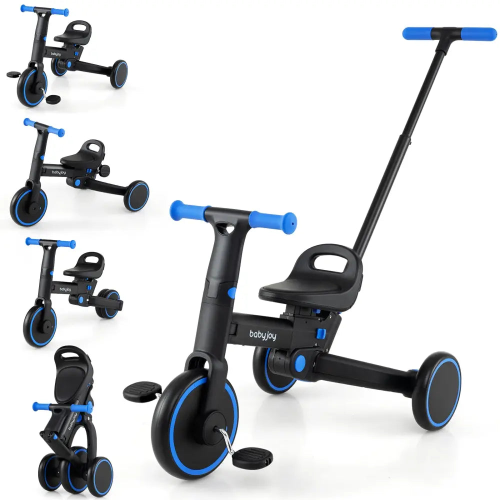 4-in-1 Foldable Toddler Tricycle with Push Handle with Adjustable Seat-Navy - Navy - Push & Pedal Ride On Toys