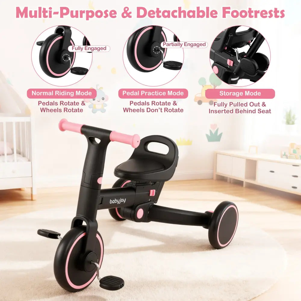 4-in-1 Foldable Toddler Tricycle with Push Handle with Adjustable Seat-Pink - Pink - Push & Pedal Ride On Toys