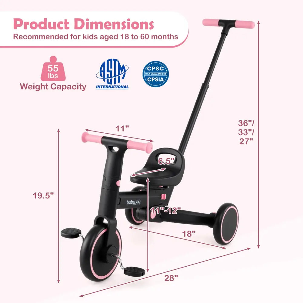 4-in-1 Foldable Toddler Tricycle with Push Handle with Adjustable Seat-Pink - Pink - Push & Pedal Ride On Toys