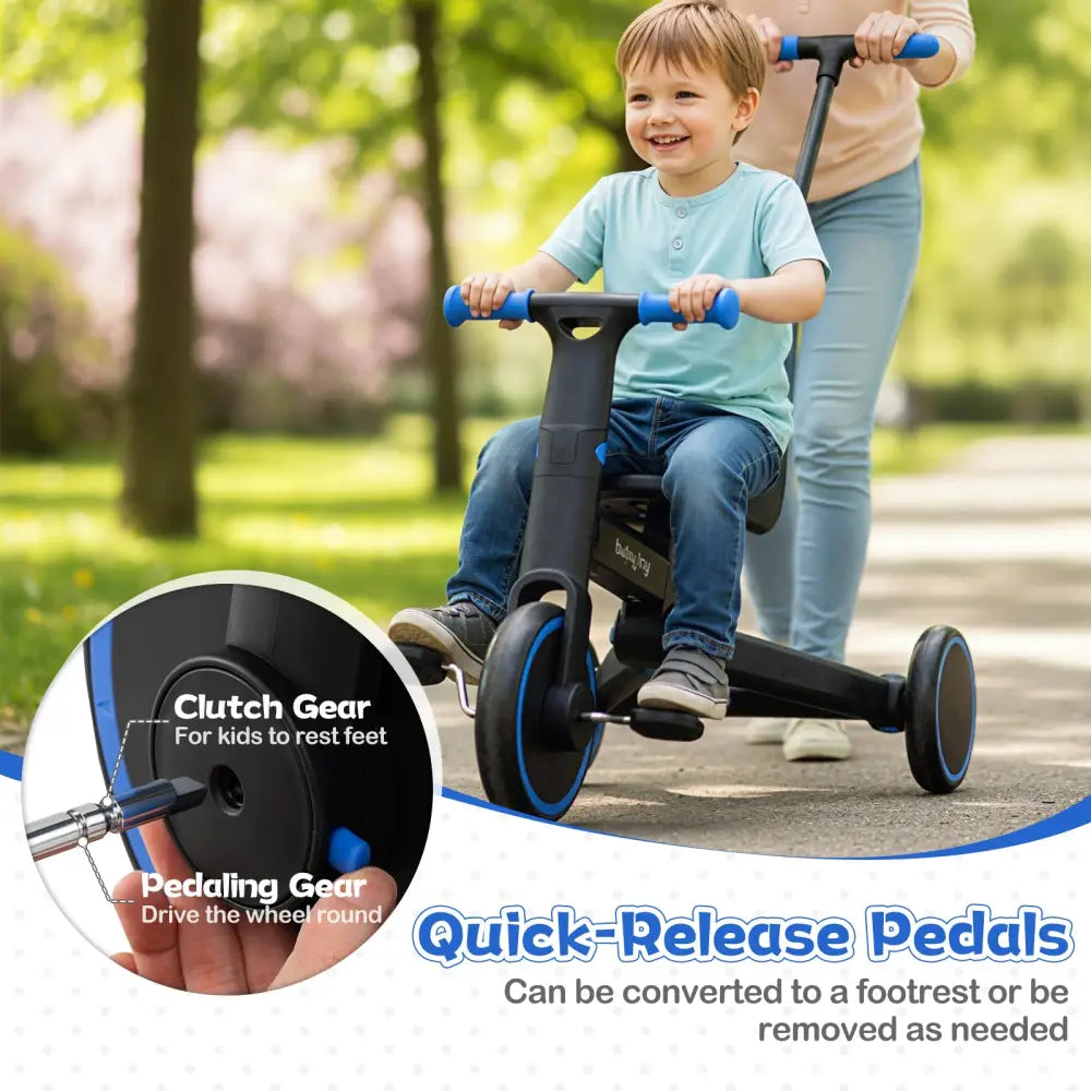 4-in-1 Foldable Toddler Tricycle with Push Handle with Adjustable Seat-Navy - Navy - Push & Pedal Ride On Toys