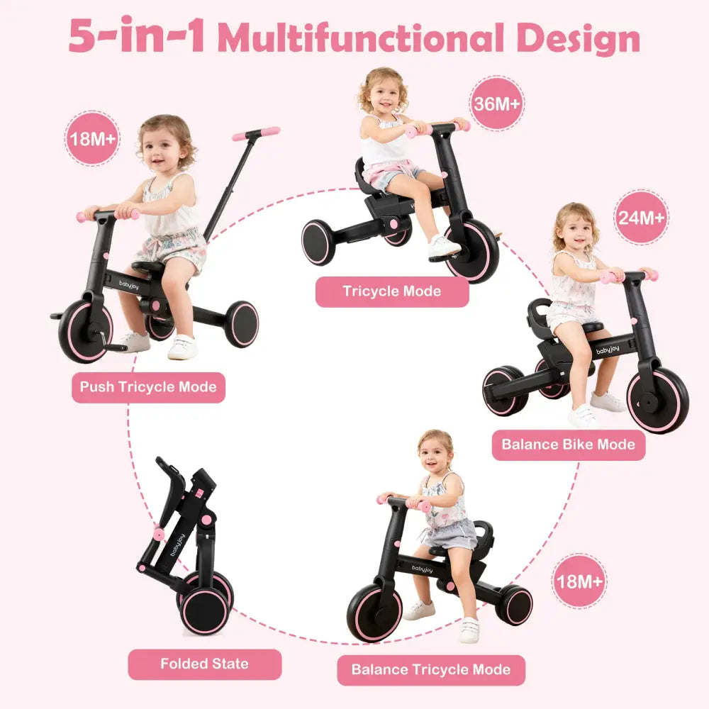 4-in-1 Foldable Toddler Tricycle with Push Handle with Adjustable Seat-Pink - Pink - Push & Pedal Ride On Toys