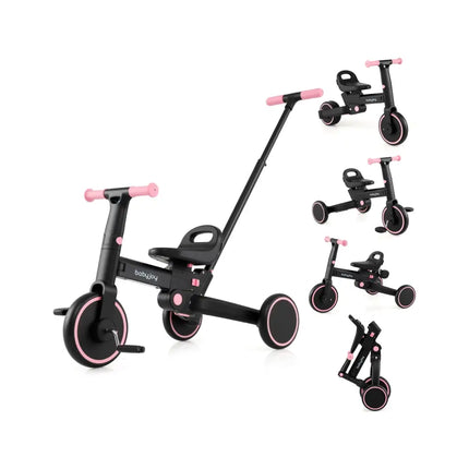 4-in-1 Foldable Toddler Tricycle with Push Handle with Adjustable Seat-Pink - Pink - Push & Pedal Ride On Toys