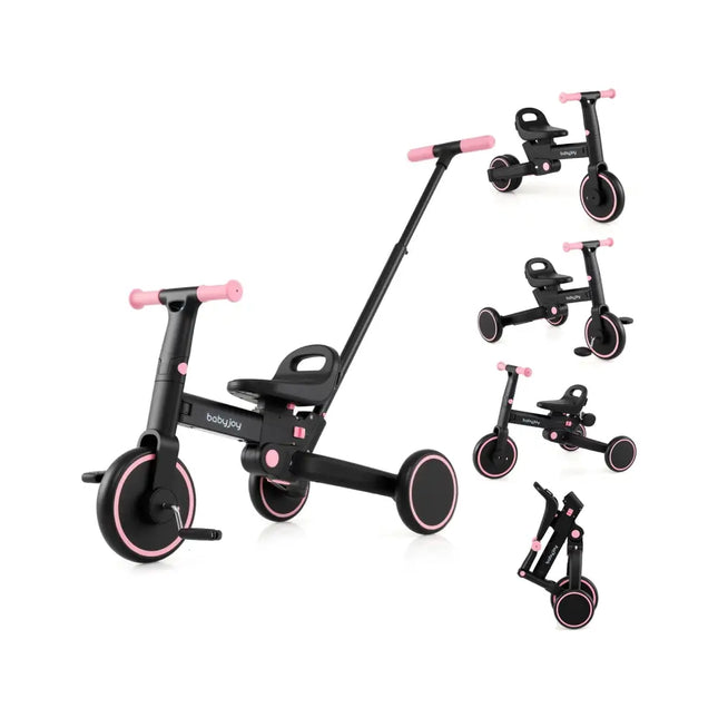 4-in-1 Foldable Toddler Tricycle with Push Handle with Adjustable Seat-Pink - Pink - Push & Pedal Ride On Toys