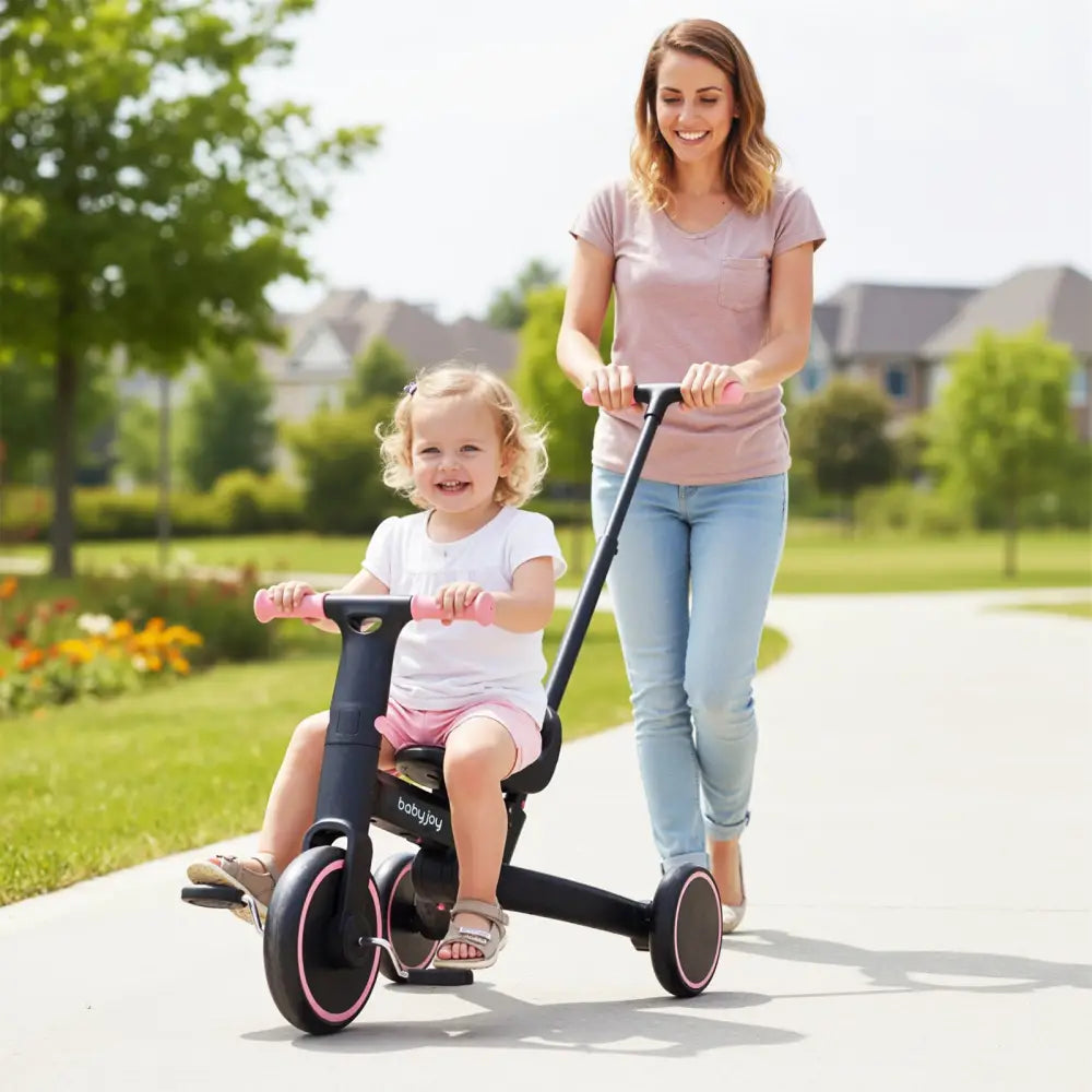 4-in-1 Foldable Toddler Tricycle with Push Handle with Adjustable Seat-Pink - Pink - Push & Pedal Ride On Toys