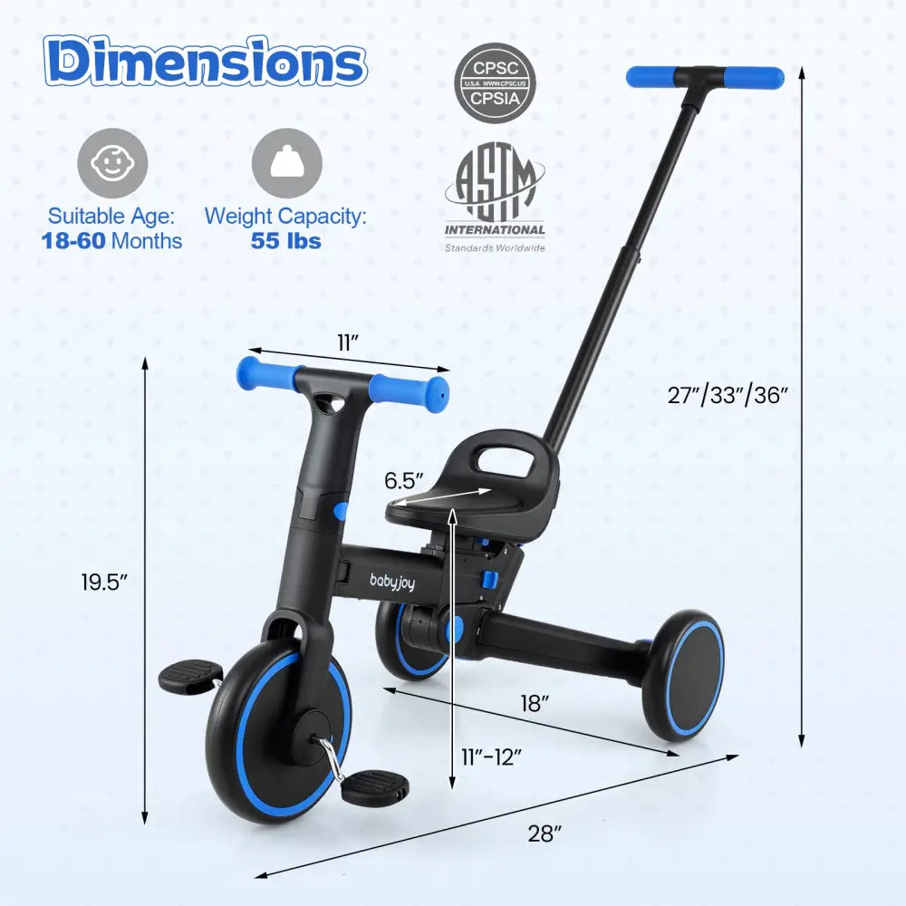 4-in-1 Foldable Toddler Tricycle with Push Handle with Adjustable Seat-Navy - Navy - Push & Pedal Ride On Toys
