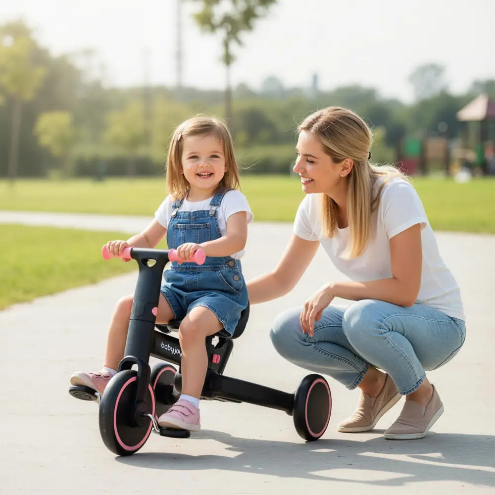 4-in-1 Foldable Toddler Tricycle with Push Handle with Adjustable Seat-Pink - Pink - Push & Pedal Ride On Toys