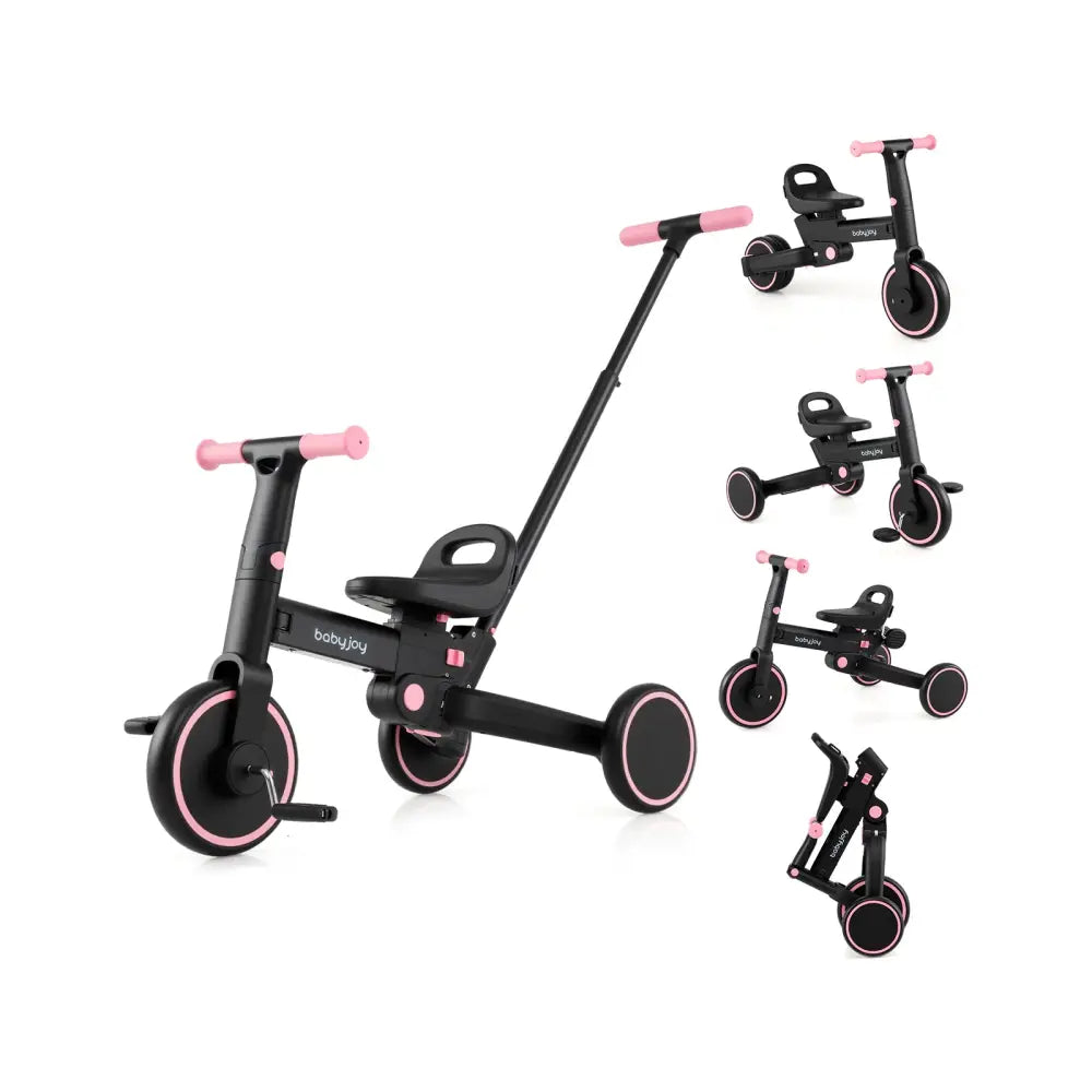 4-in-1 Foldable Toddler Tricycle with Push Handle with Adjustable Seat-Pink - Pink - Push & Pedal Ride On Toys