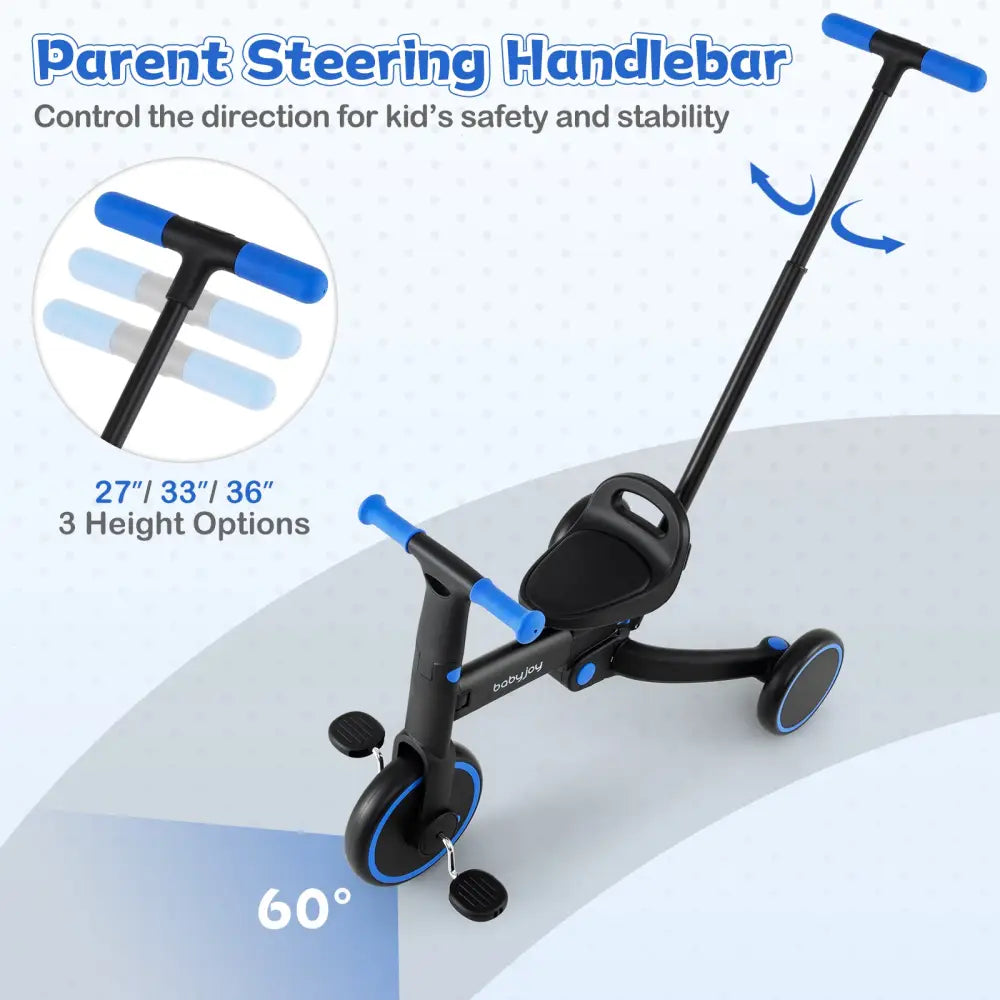 4-in-1 Foldable Toddler Tricycle with Push Handle with Adjustable Seat-Navy - Navy - Push & Pedal Ride On Toys