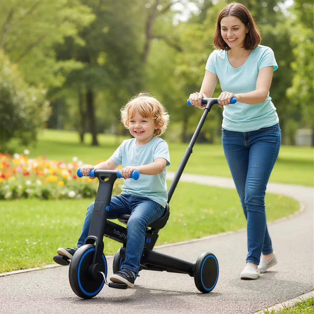 4-in-1 Foldable Toddler Tricycle with Push Handle with Adjustable Seat-Navy - Navy - Push & Pedal Ride On Toys