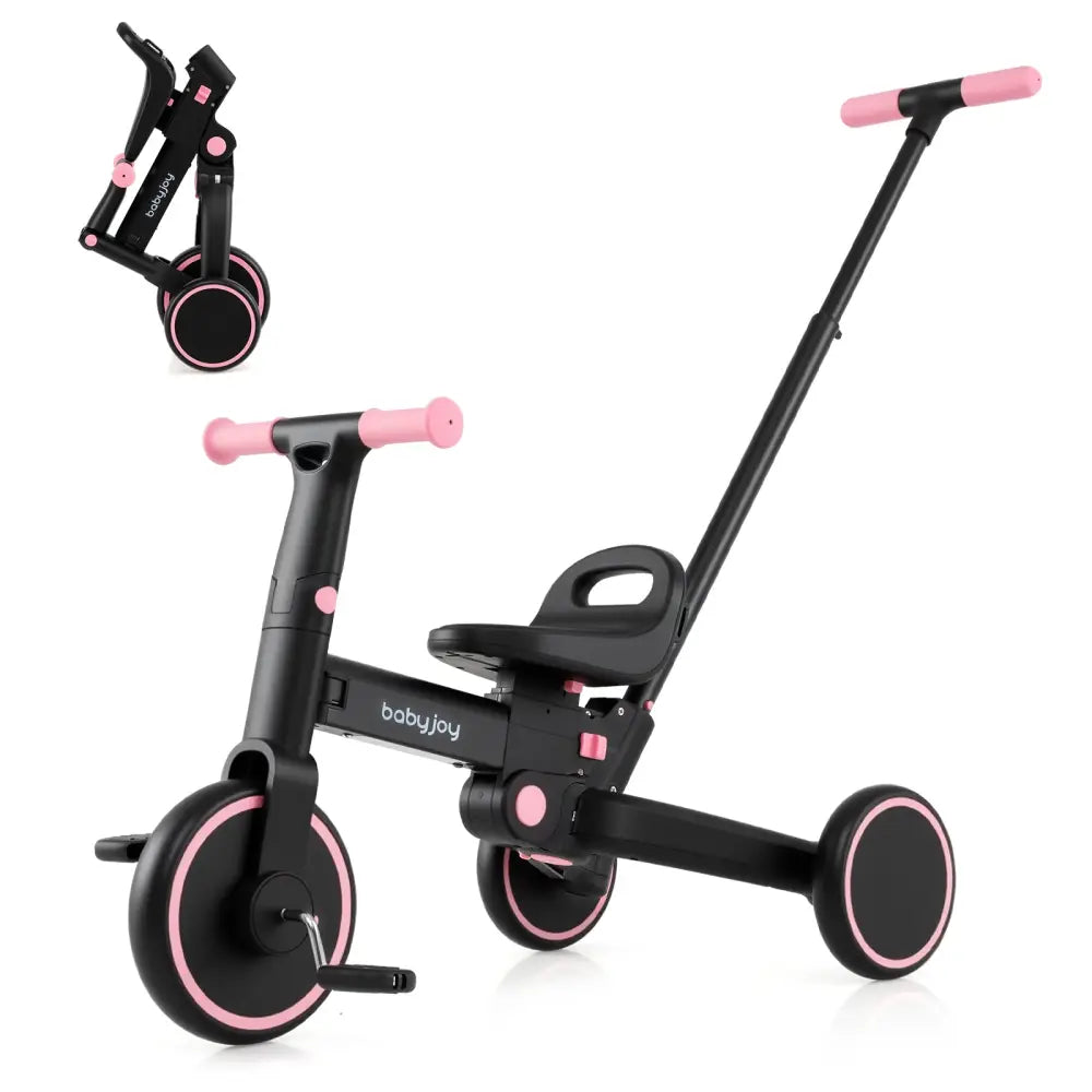 4-in-1 Foldable Toddler Tricycle with Push Handle with Adjustable Seat-Pink - Pink - Push & Pedal Ride On Toys