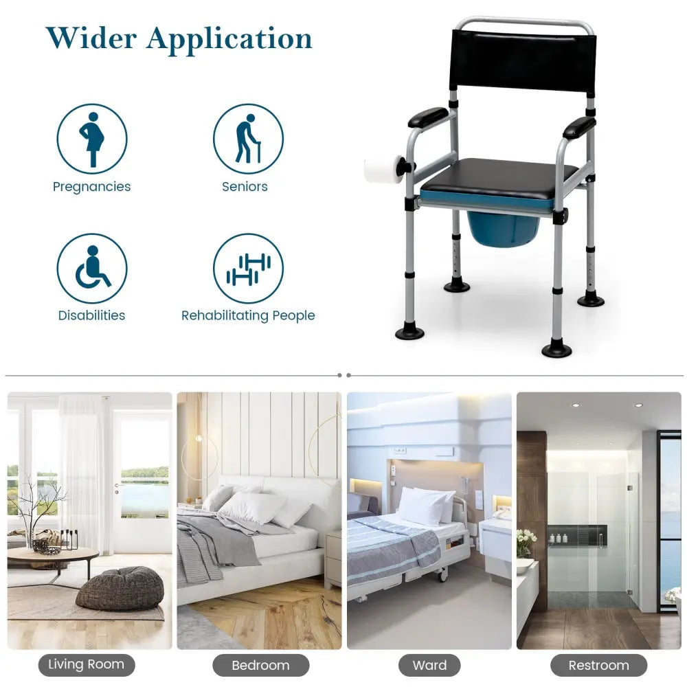 4-in-1 Folding Bedside Commode Chair with Detachable Bucket and Towel Holder - Silver - Bath Safety