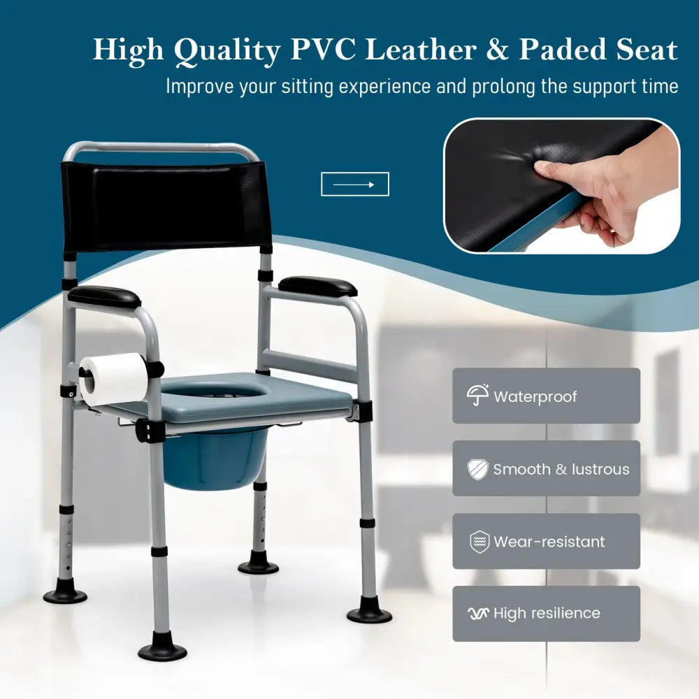 4-in-1 Folding Bedside Commode Chair with Detachable Bucket and Towel Holder - Silver - Bath Safety