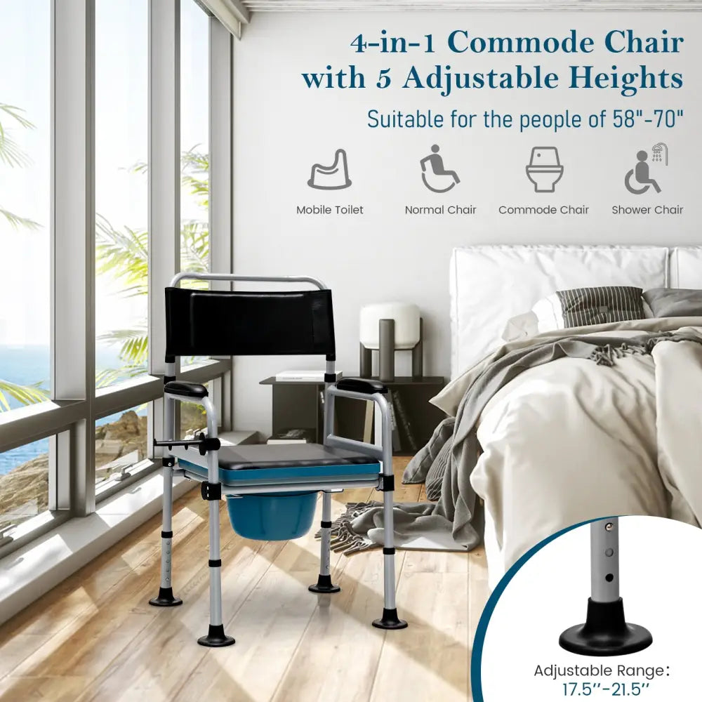 4-in-1 Folding Bedside Commode Chair with Detachable Bucket and Towel Holder - Silver - Bath Safety