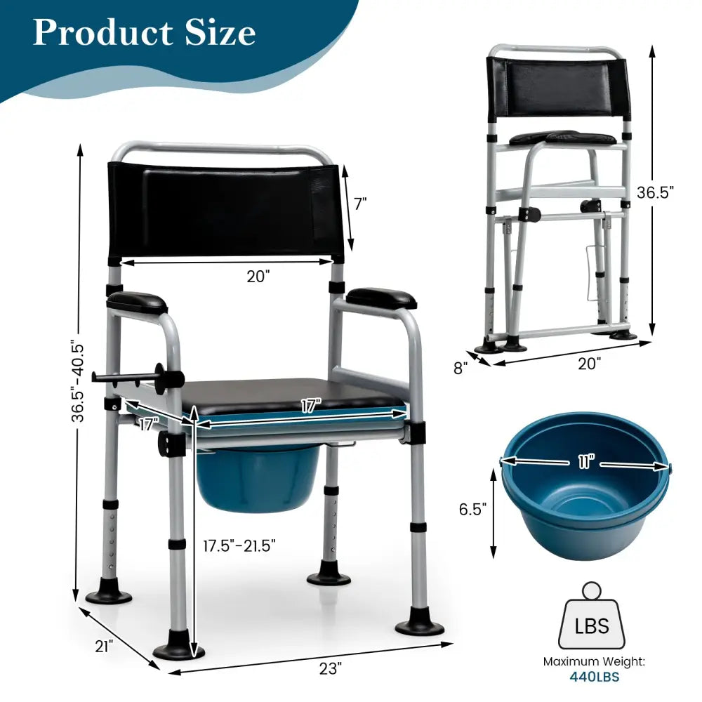 4-in-1 Folding Bedside Commode Chair with Detachable Bucket and Towel Holder - Silver - Bath Safety