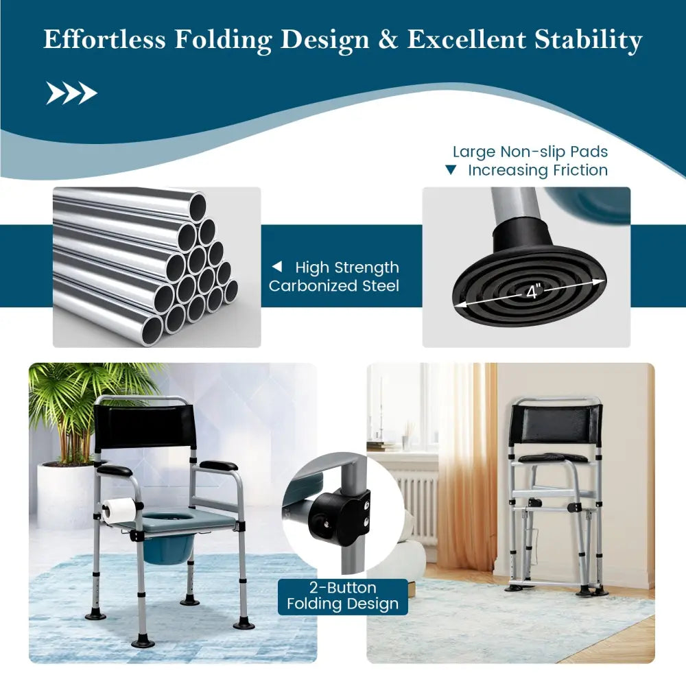 4-in-1 Folding Bedside Commode Chair with Detachable Bucket and Towel Holder - Silver - Bath Safety