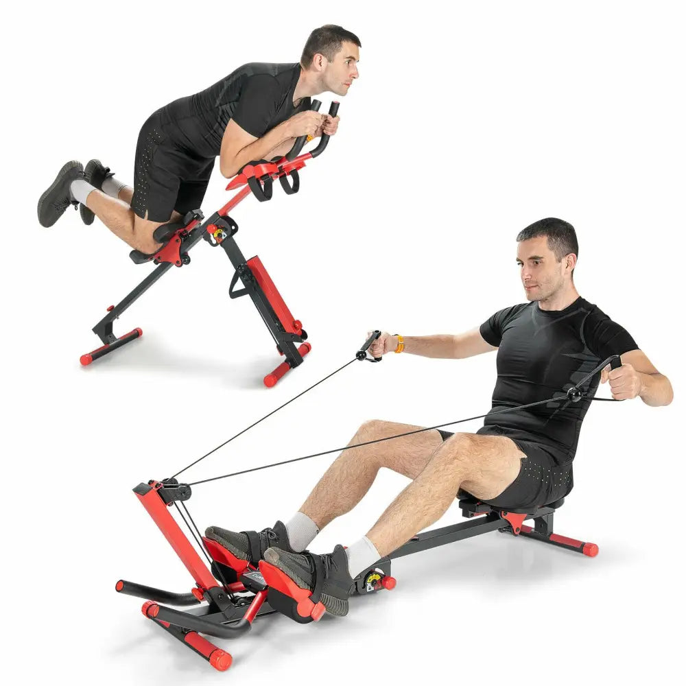 4-in-1 Folding Rowing Machine with Control Panel for Home Gym - Red - Rowing Machines