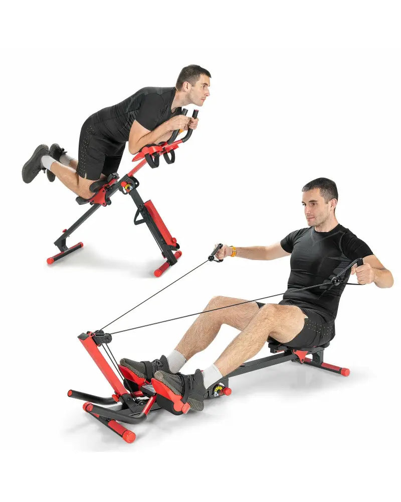 4-in-1 Folding Rowing Machine with Control Panel for Home Gym - Red - Rowing Machines