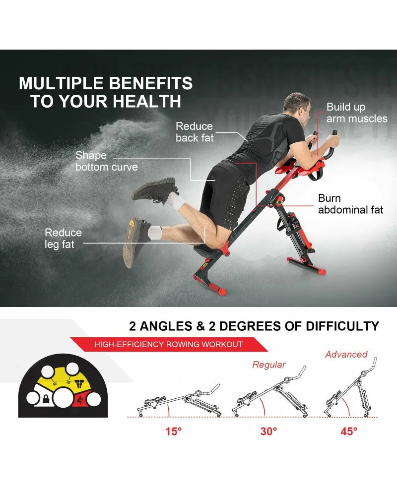 4-in-1 Folding Rowing Machine with Control Panel for Home Gym - Red - Rowing Machines