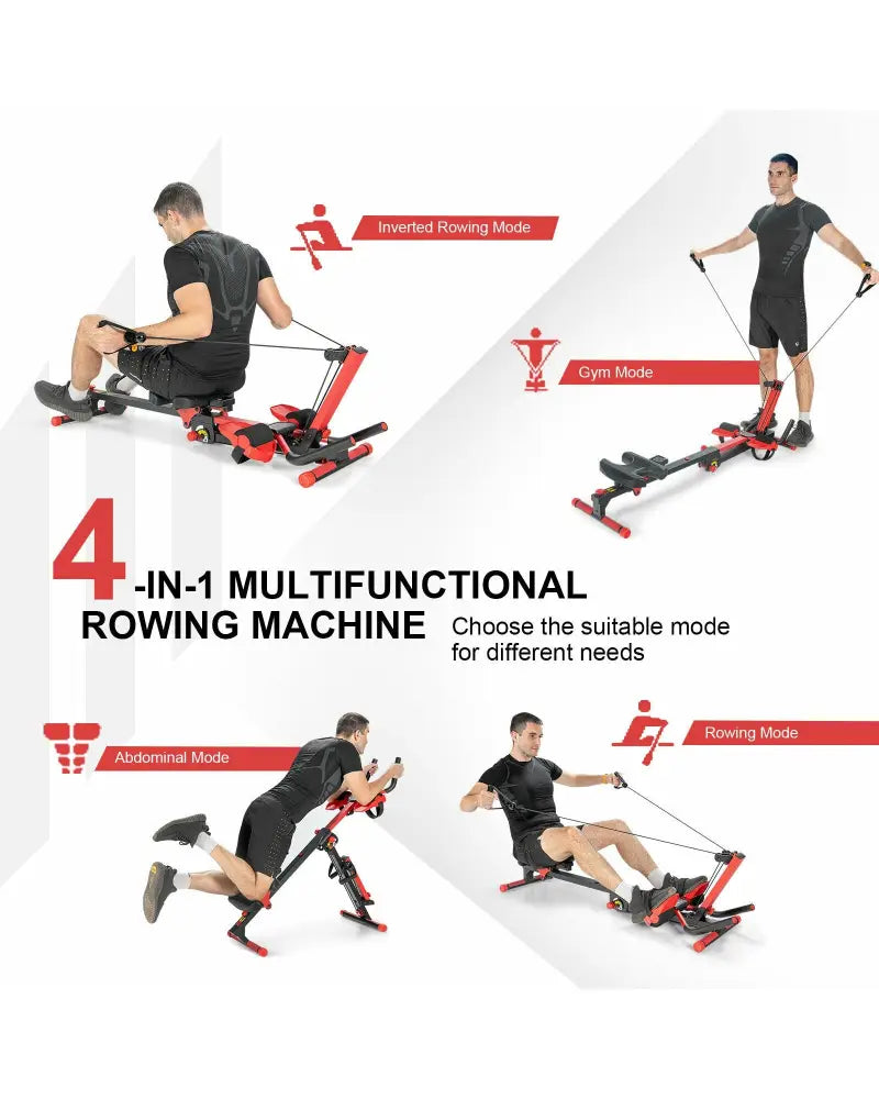 4-in-1 Folding Rowing Machine with Control Panel for Home Gym - Red - Rowing Machines