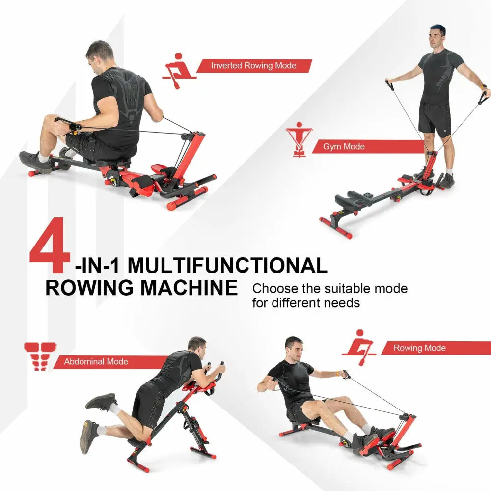 4-in-1 Folding Rowing Machine with Control Panel for Home Gym - Red - Rowing Machines