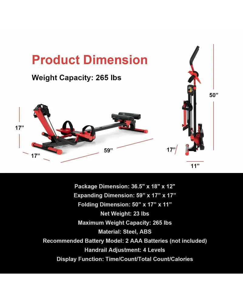 4-in-1 Folding Rowing Machine with Control Panel for Home Gym - Red - Rowing Machines
