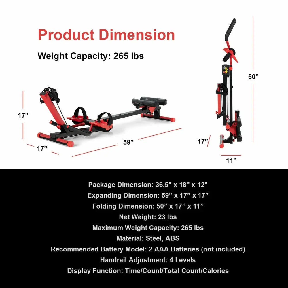 4-in-1 Folding Rowing Machine with Control Panel for Home Gym - Red - Rowing Machines