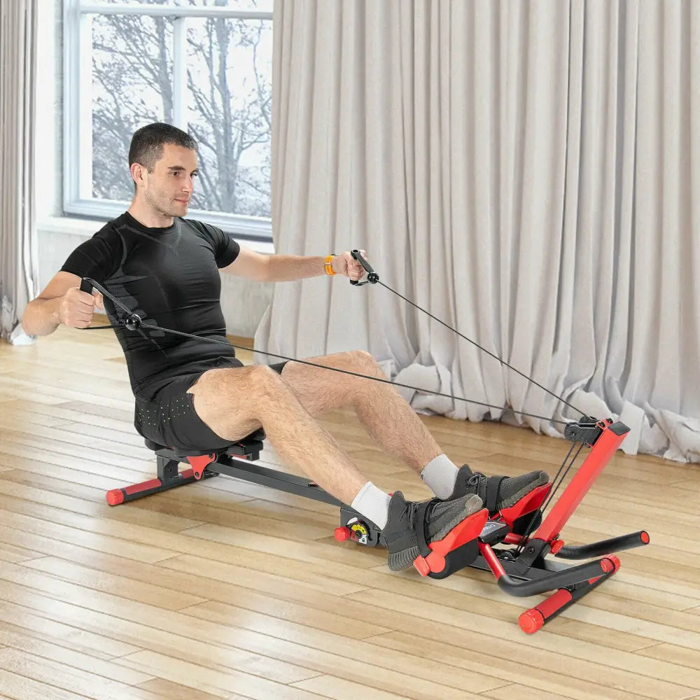 4-in-1 Folding Rowing Machine with Control Panel for Home Gym - Red - Rowing Machines