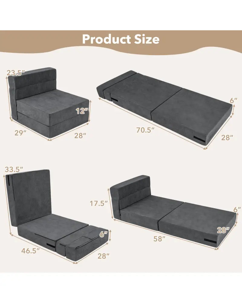 4-in-1 Folding Sofa Bed with Corduroy Cover and Smooth Zipper for Living Room-Gray - Gray - Sofas & Loveseats