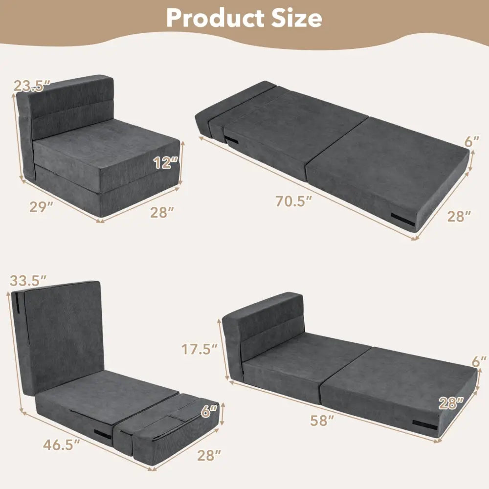 4-in-1 Folding Sofa Bed with Corduroy Cover and Smooth Zipper for Living Room-Gray - Gray - Sofas & Loveseats