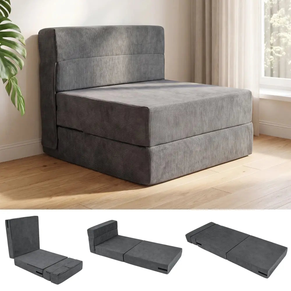 4-in-1 Folding Sofa Bed with Corduroy Cover and Smooth Zipper for Living Room-Gray - Gray - Sofas & Loveseats