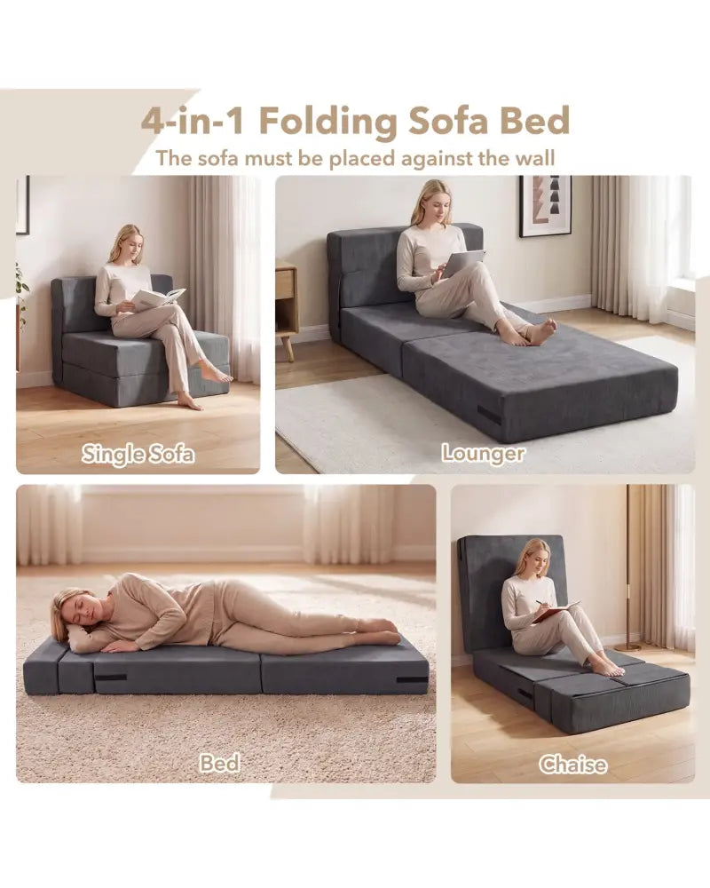 4-in-1 Folding Sofa Bed with Corduroy Cover and Smooth Zipper for Living Room-Gray - Gray - Sofas & Loveseats