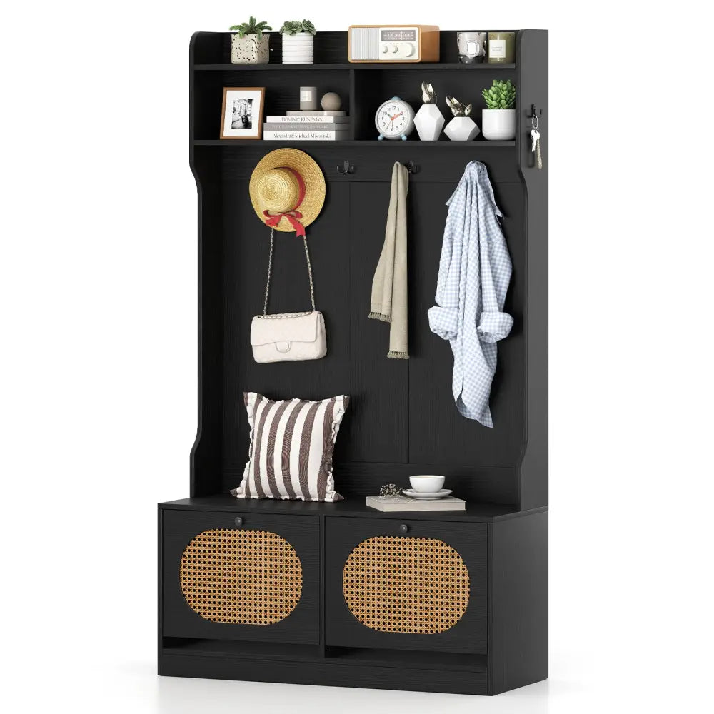 4-In-1 Hall Tree with Coat Rack and Flip Drawers for Entryway Mudroom-Black - Black - Coat Racks & Hall Trees