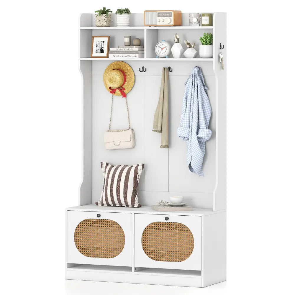 4-In-1 Hall Tree with Coat Rack and Flip Drawers for Entryway Mudroom-White - White - Coat Racks & Hall Trees