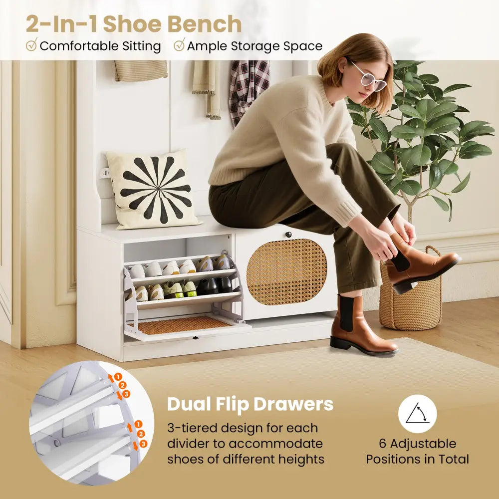 4-In-1 Hall Tree with Coat Rack and Flip Drawers for Entryway Mudroom-White - White - Coat Racks & Hall Trees