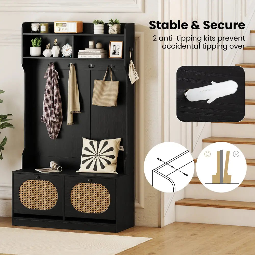 4-In-1 Hall Tree with Coat Rack and Flip Drawers for Entryway Mudroom-Black - Black - Coat Racks & Hall Trees