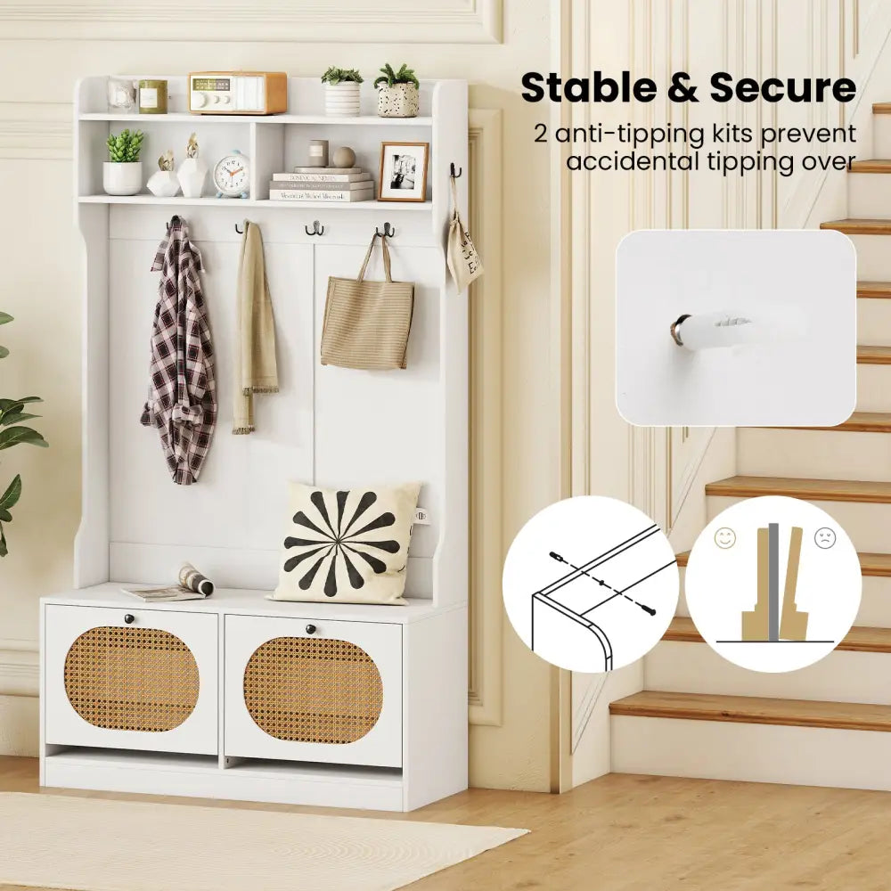 4-In-1 Hall Tree with Coat Rack and Flip Drawers for Entryway Mudroom-White - White - Coat Racks & Hall Trees