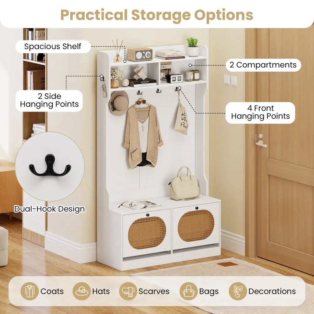 4-In-1 Hall Tree with Coat Rack and Flip Drawers for Entryway Mudroom-White - White - Coat Racks & Hall Trees