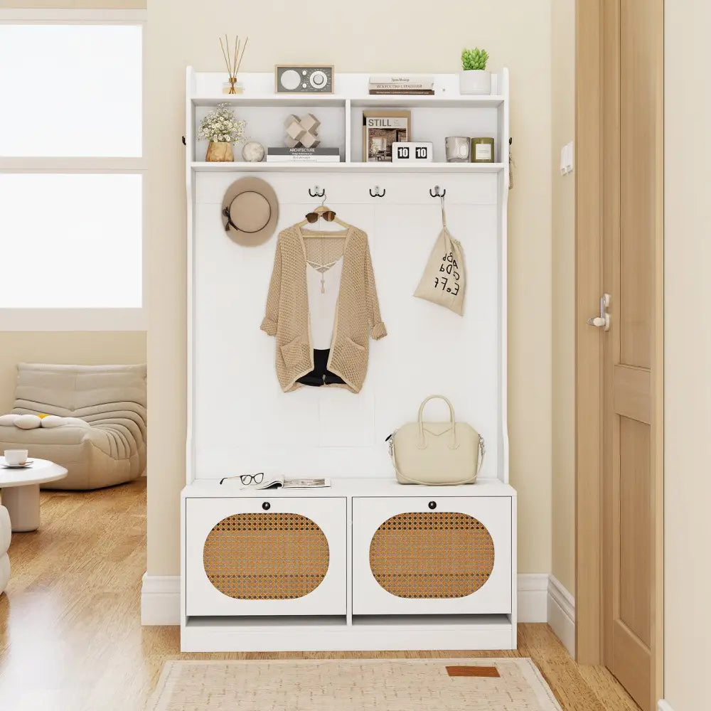 4-In-1 Hall Tree with Coat Rack and Flip Drawers for Entryway Mudroom-White - White - Coat Racks & Hall Trees