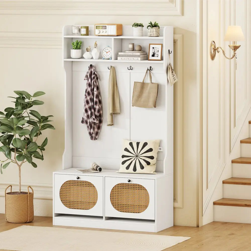 4-In-1 Hall Tree with Coat Rack and Flip Drawers for Entryway Mudroom-White - White - Coat Racks & Hall Trees