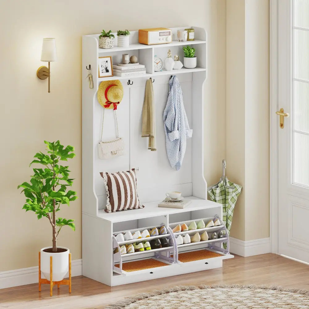 4-In-1 Hall Tree with Coat Rack and Flip Drawers for Entryway Mudroom-White - White - Coat Racks & Hall Trees