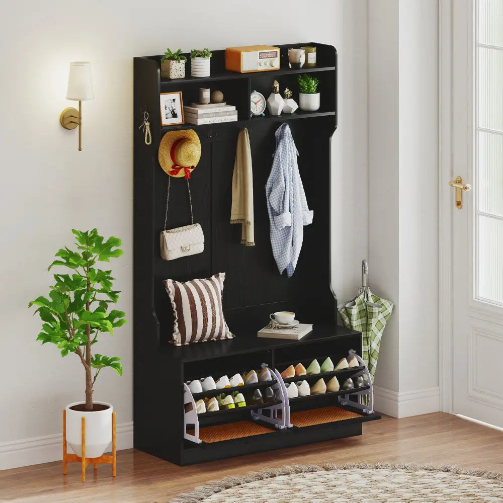 4-In-1 Hall Tree with Coat Rack and Flip Drawers for Entryway Mudroom-Black - Black - Coat Racks & Hall Trees