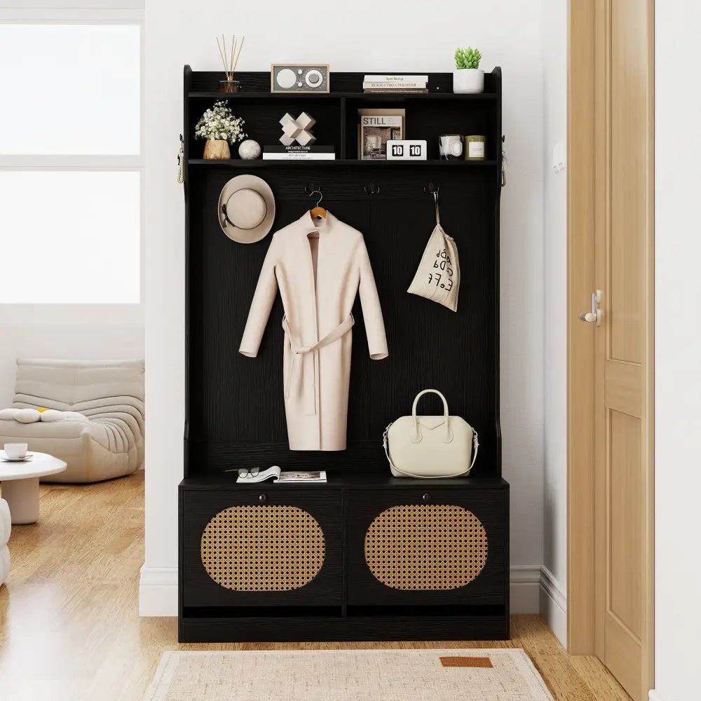 4-In-1 Hall Tree with Coat Rack and Flip Drawers for Entryway Mudroom-Black - Black - Coat Racks & Hall Trees