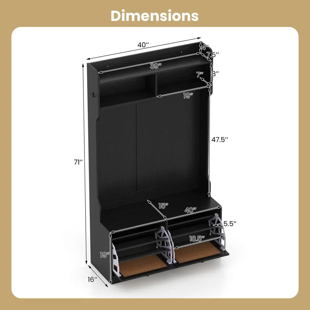 4-In-1 Hall Tree with Coat Rack and Flip Drawers for Entryway Mudroom-Black - Black - Coat Racks & Hall Trees