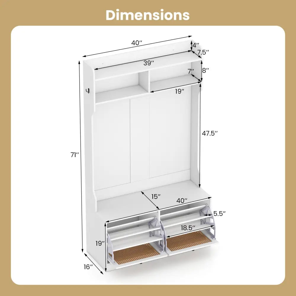 4-In-1 Hall Tree with Coat Rack and Flip Drawers for Entryway Mudroom-White - White - Coat Racks & Hall Trees