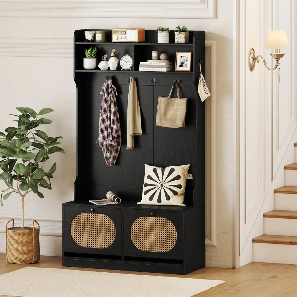 4-In-1 Hall Tree with Coat Rack and Flip Drawers for Entryway Mudroom-Black - Black - Coat Racks & Hall Trees